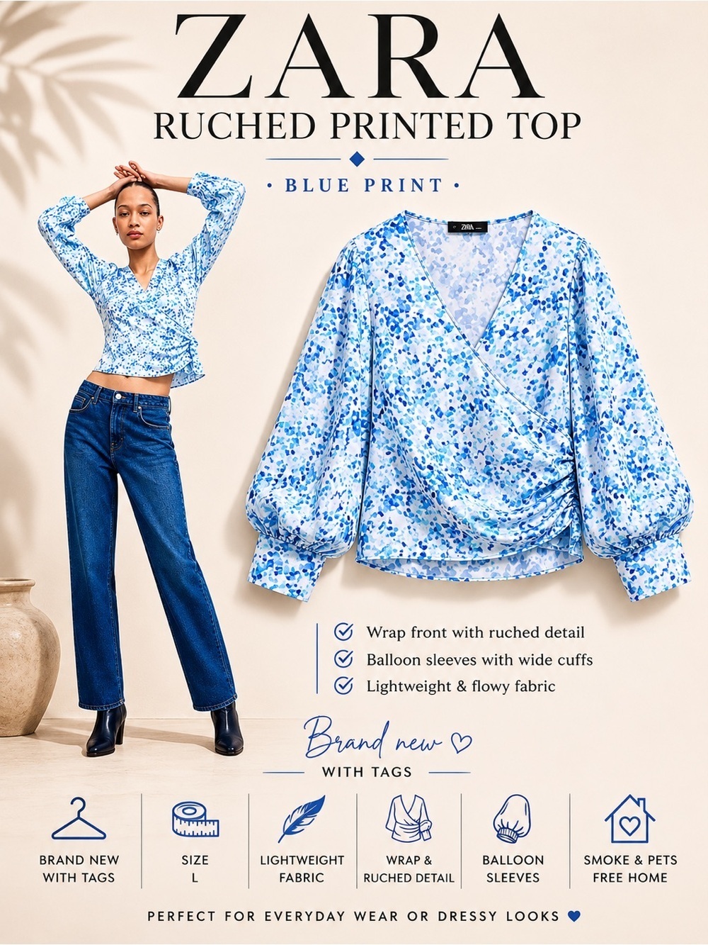 Zara Blue Ruched Printed Blouse Size L NWT Wrap Front Balloon Sleeve Top